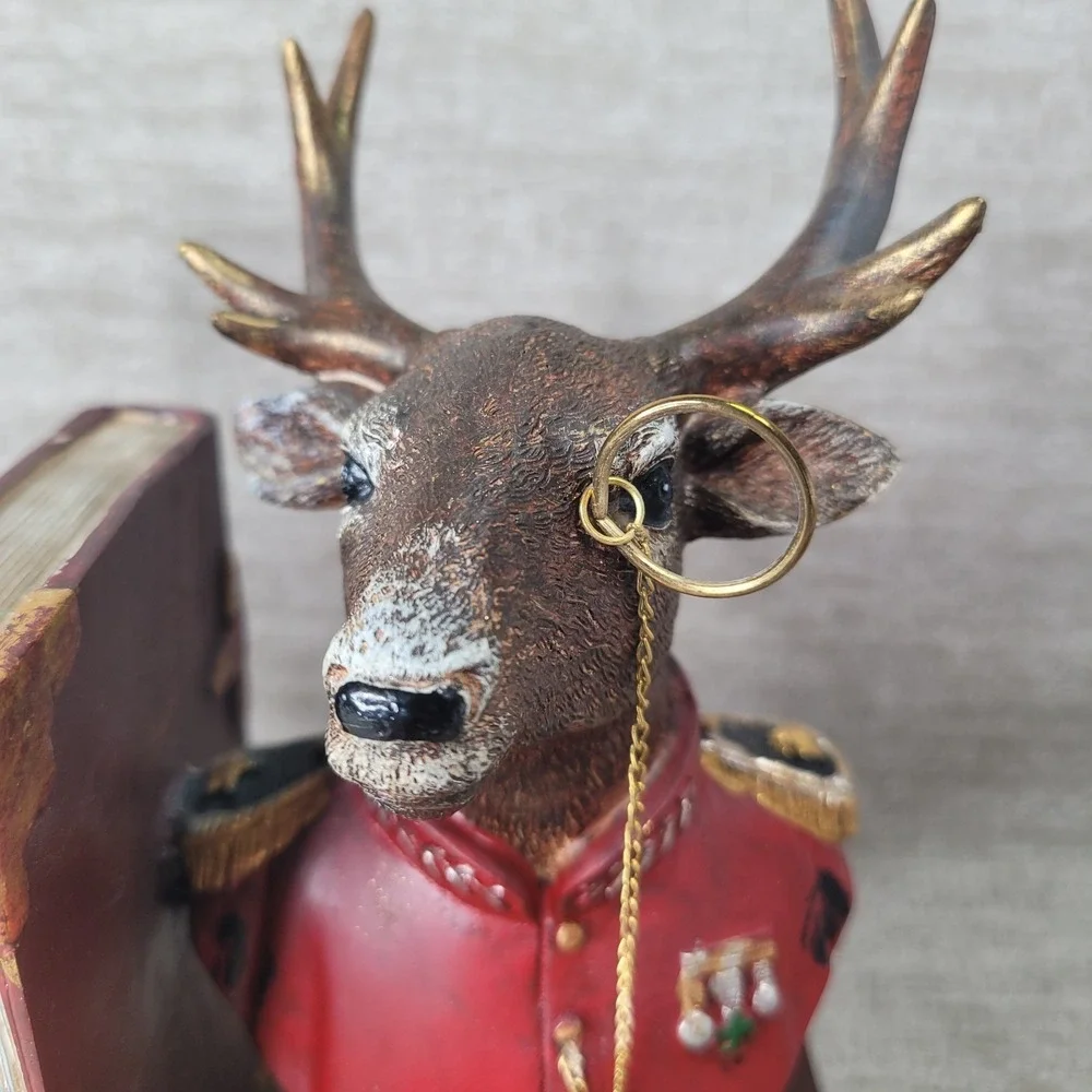 Noble Bookend Set of 2 Stag Deer Busts in Uniform with Monocle Glass Whimsy